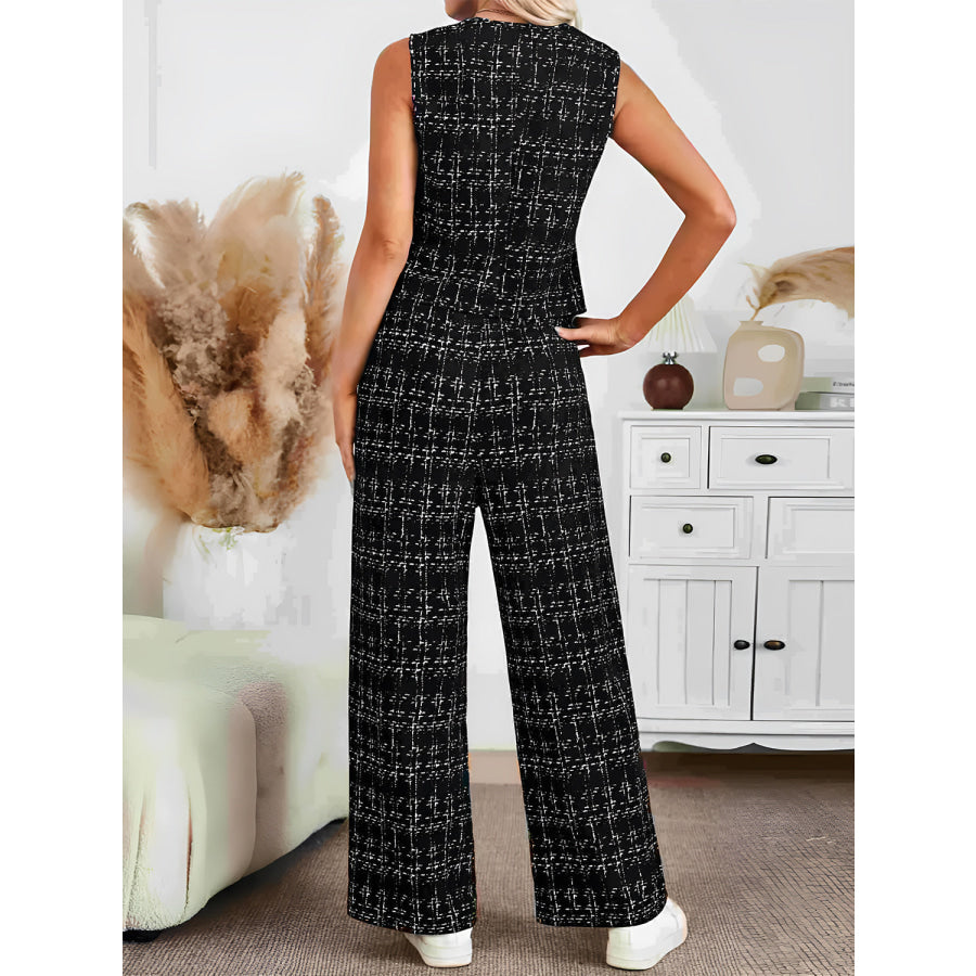 Plaid V-Neck Button Up Vest and Pants Set Apparel and Accessories