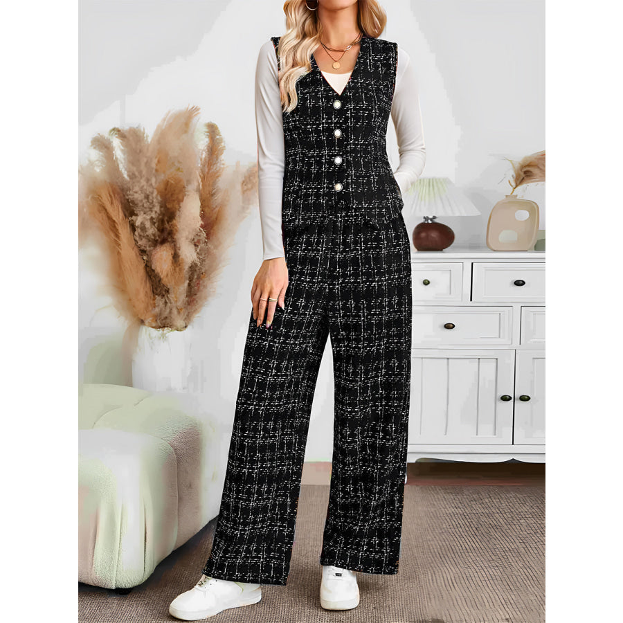 Plaid V-Neck Button Up Vest and Pants Set Black / S Apparel and Accessories