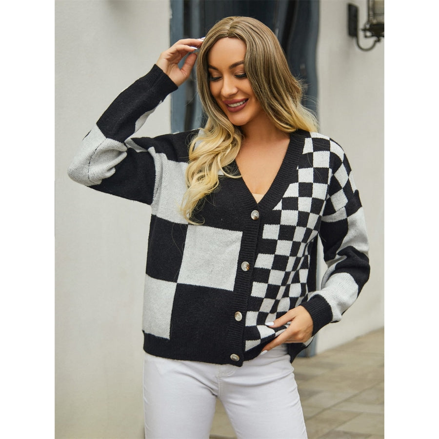 Plaid V-Neck Dropped Shoulder Cardigan Black / S