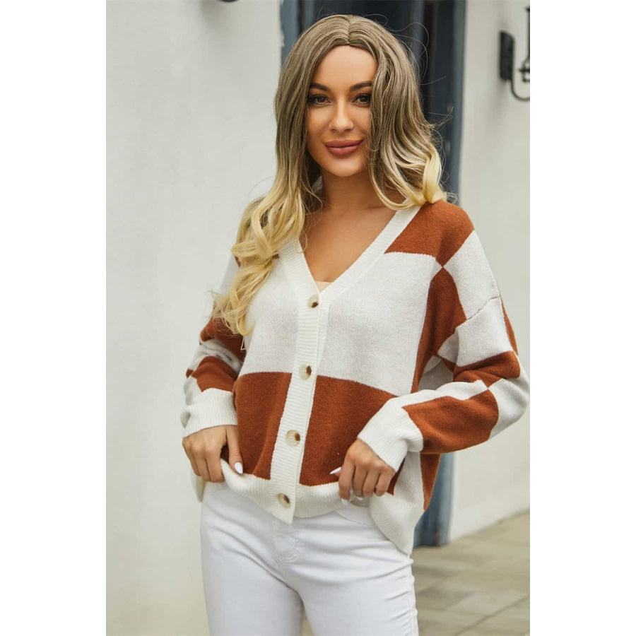 Plaid V-Neck Dropped Shoulder Cardigan Caramel / S