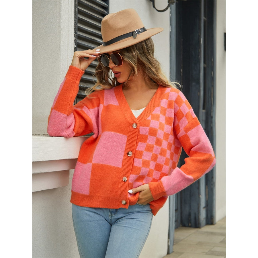 Plaid V-Neck Dropped Shoulder Cardigan Orange / S