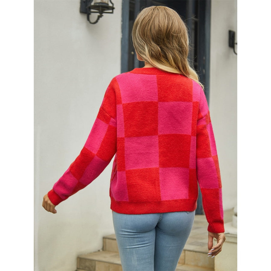 Plaid V-Neck Dropped Shoulder Cardigan Red / S