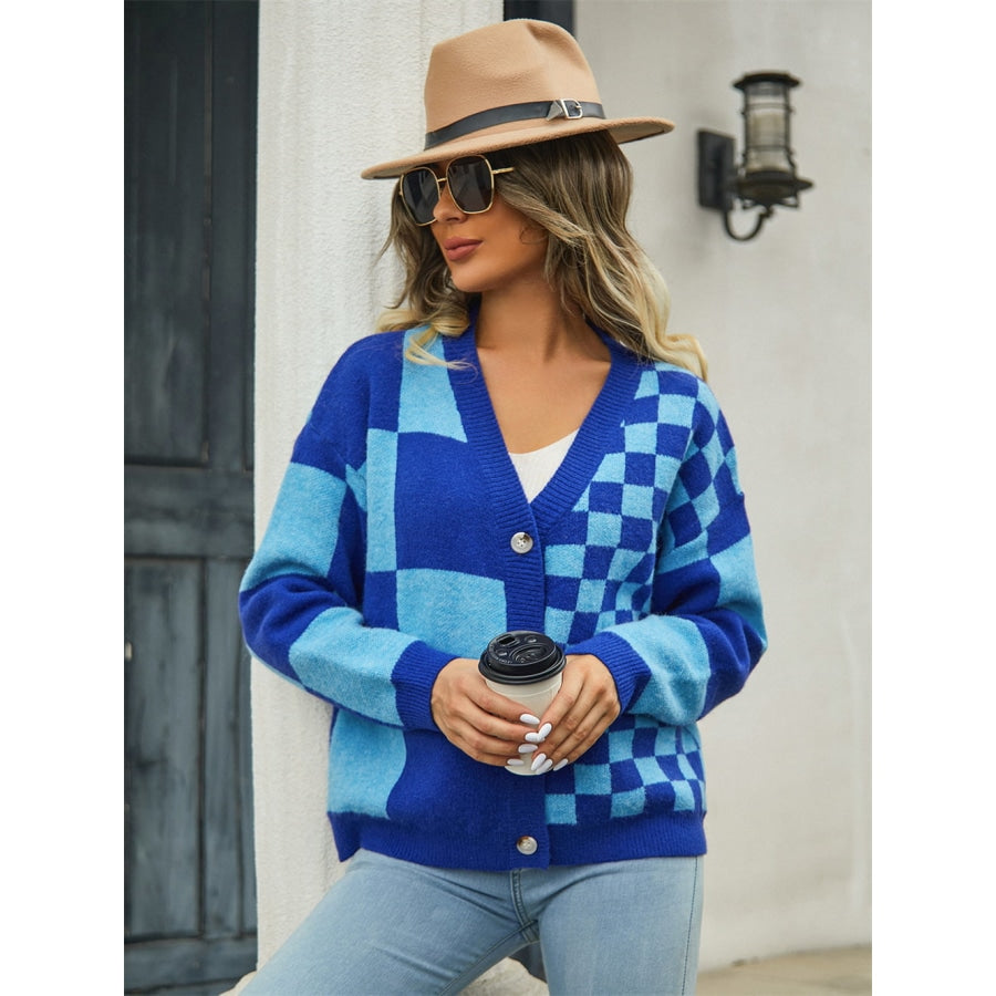 Plaid V-Neck Dropped Shoulder Cardigan