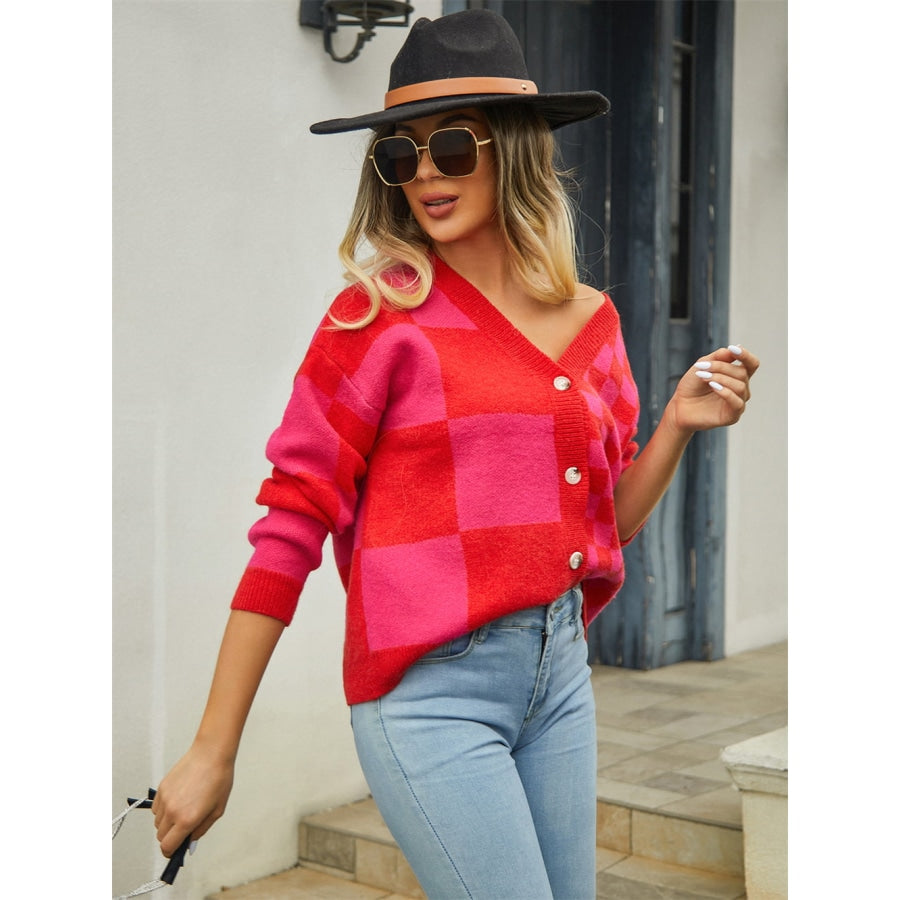 Plaid V-Neck Dropped Shoulder Cardigan