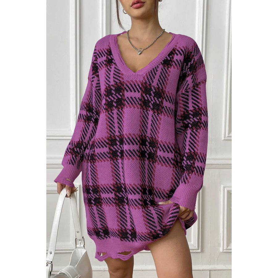 Plaid V-Neck Long Sleeve Sweater Dress Apparel and Accessories