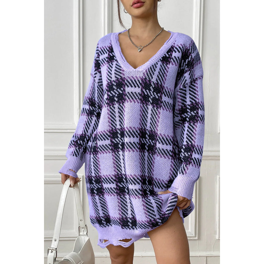 Plaid V-Neck Long Sleeve Sweater Dress Apparel and Accessories