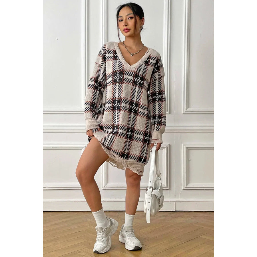 Plaid V-Neck Long Sleeve Sweater Dress Apparel and Accessories