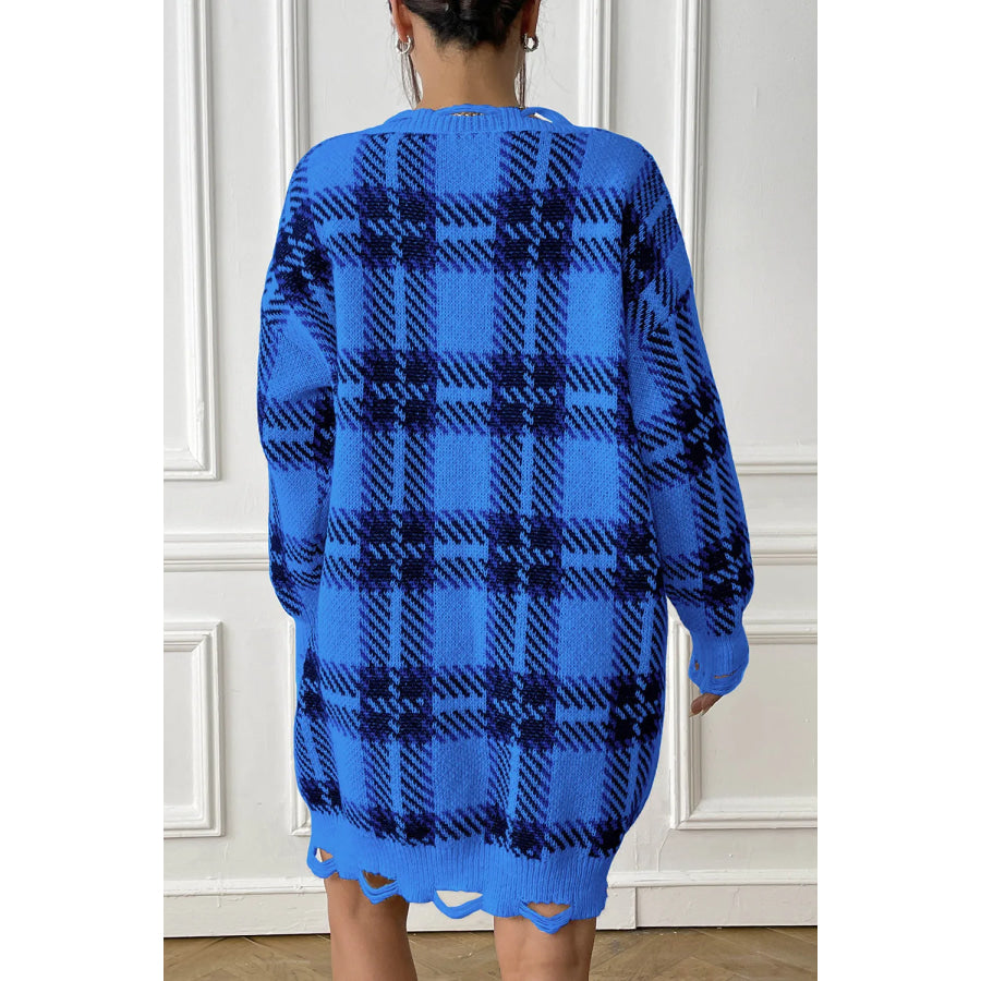 Plaid V-Neck Long Sleeve Sweater Dress Apparel and Accessories