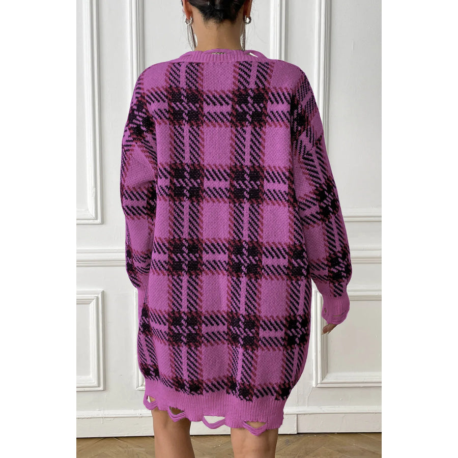 Plaid V-Neck Long Sleeve Sweater Dress Apparel and Accessories