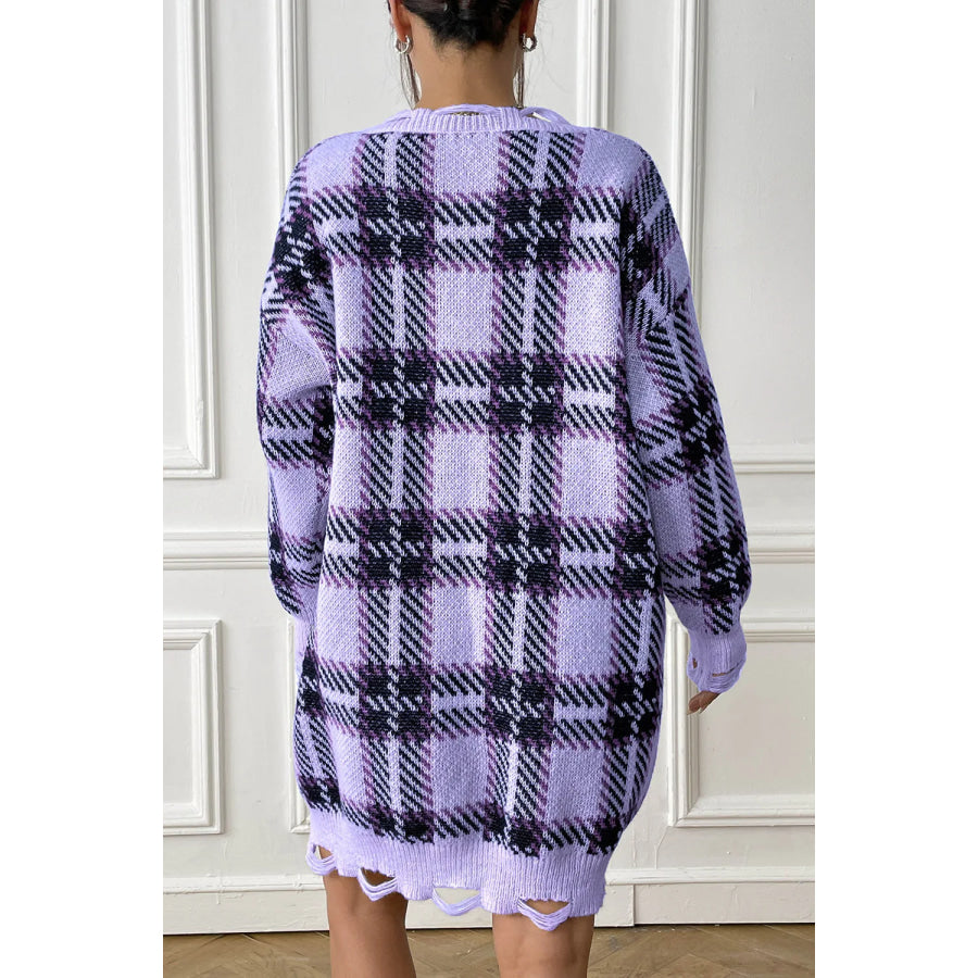 Plaid V-Neck Long Sleeve Sweater Dress Apparel and Accessories