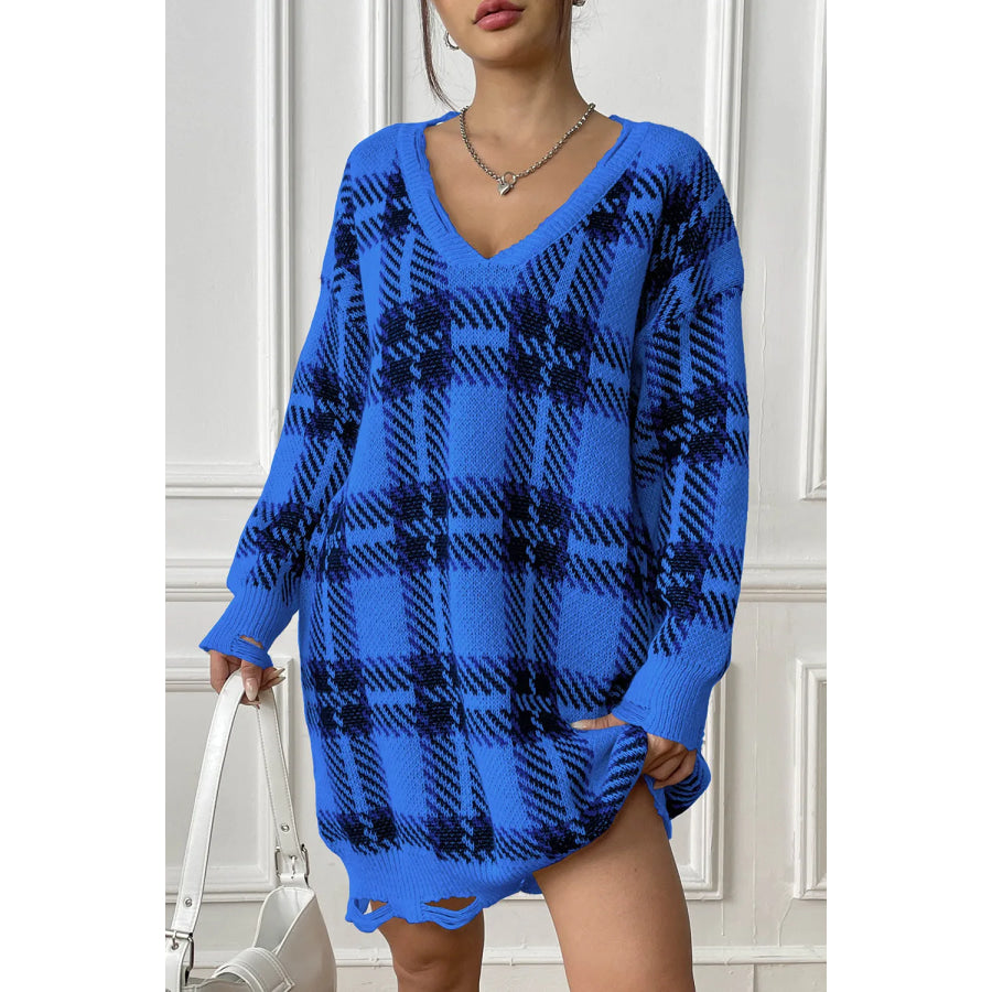 Plaid V-Neck Long Sleeve Sweater Dress Apparel and Accessories
