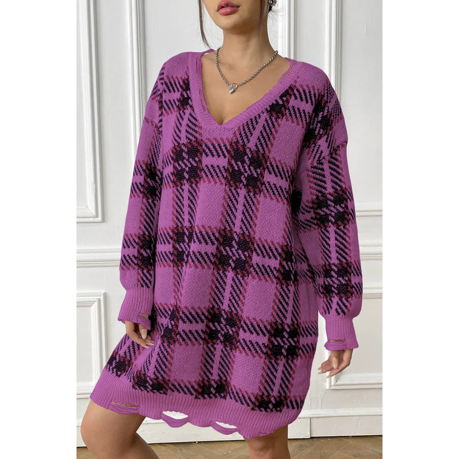 Plaid V-Neck Long Sleeve Sweater Dress Fuchsia / One Size Apparel and Accessories