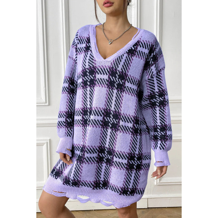 Plaid V-Neck Long Sleeve Sweater Dress Light Indigo / One Size Apparel and Accessories