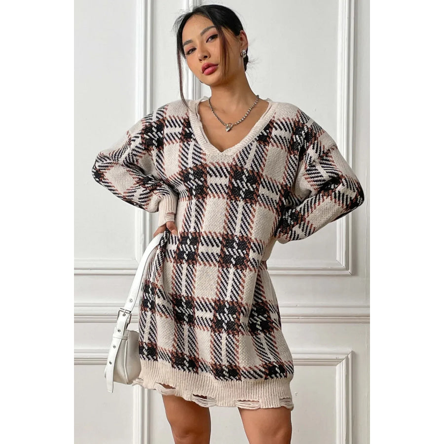 Plaid V-Neck Long Sleeve Sweater Dress Pastel Yellow / One Size Apparel and Accessories
