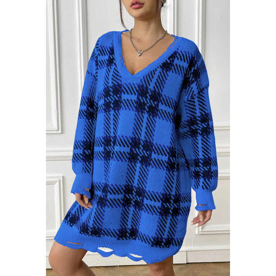 Plaid V-Neck Long Sleeve Sweater Dress Royal Blue / One Size Apparel and Accessories