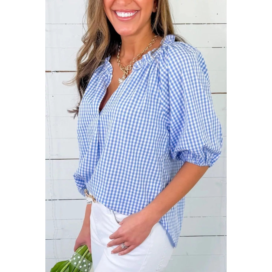Plaid V Neck Puff Sleeve Blouse Apparel and Accessories