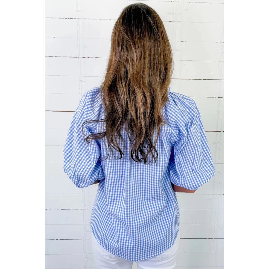 Plaid V Neck Puff Sleeve Blouse Apparel and Accessories