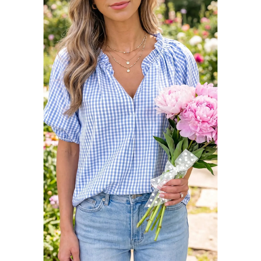 Plaid V Neck Puff Sleeve Blouse Apparel and Accessories