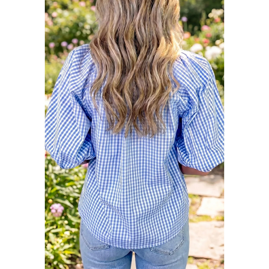 Plaid V Neck Puff Sleeve Blouse Apparel and Accessories