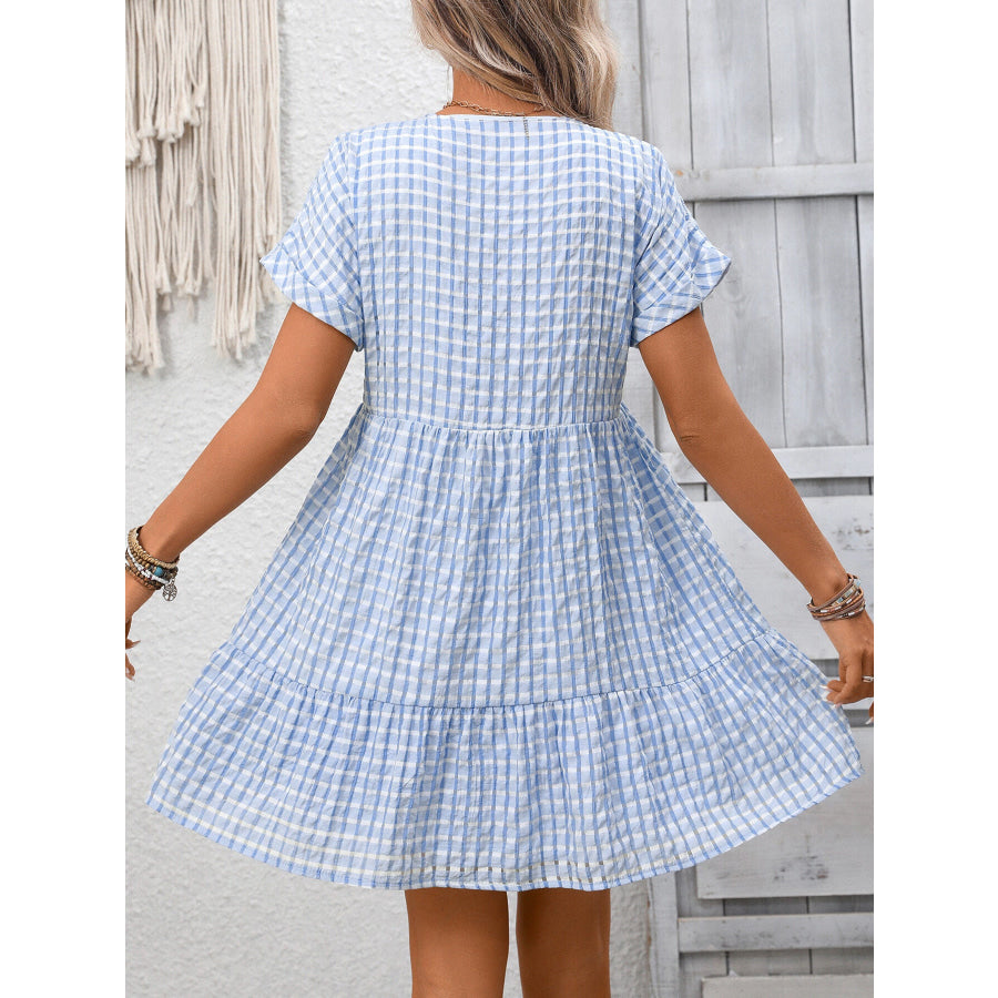 Plaid V-Neck Ruffle Hem Mini Dress Apparel and Accessories