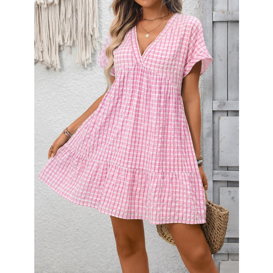 Plaid V-Neck Ruffle Hem Mini Dress Apparel and Accessories