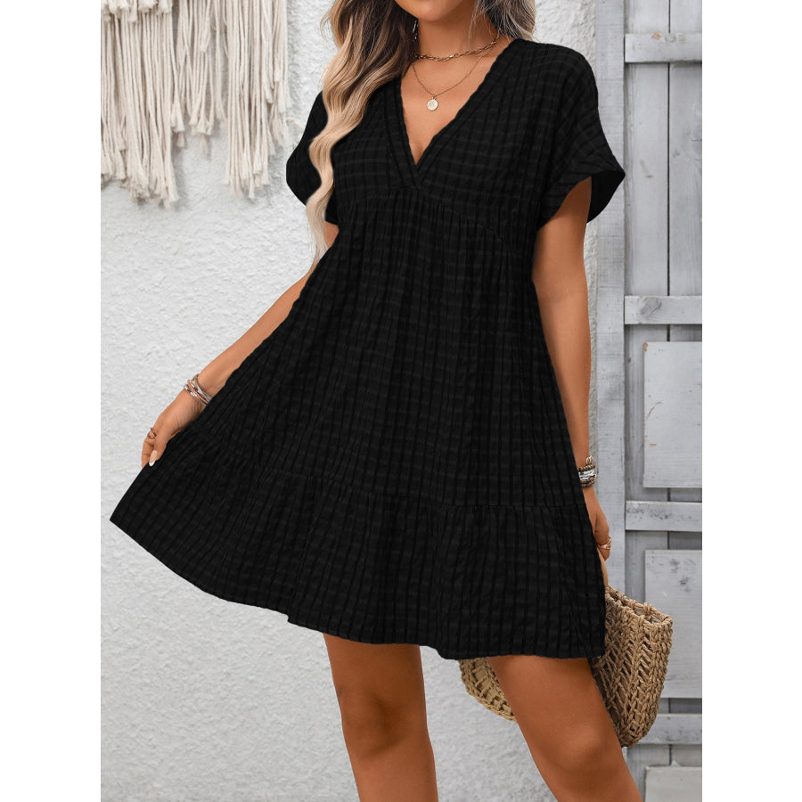 Plaid V-Neck Ruffle Hem Mini Dress Apparel and Accessories