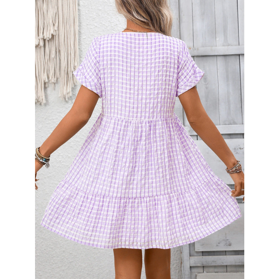 Plaid V-Neck Ruffle Hem Mini Dress Apparel and Accessories