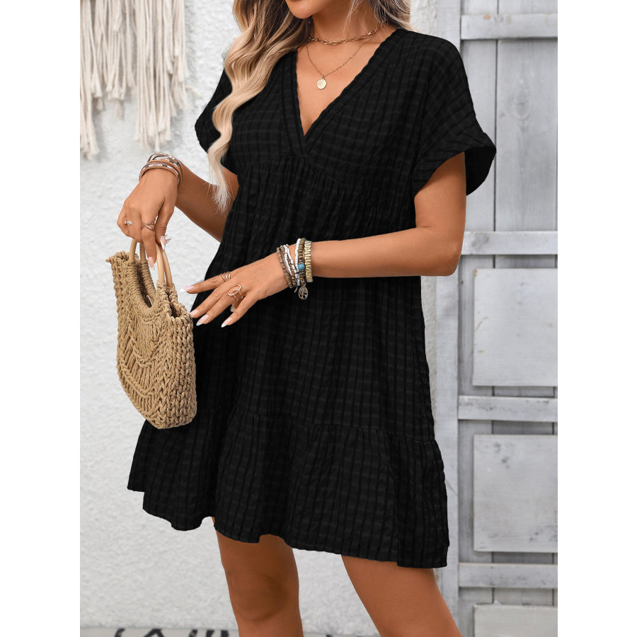 Plaid V-Neck Ruffle Hem Mini Dress Apparel and Accessories