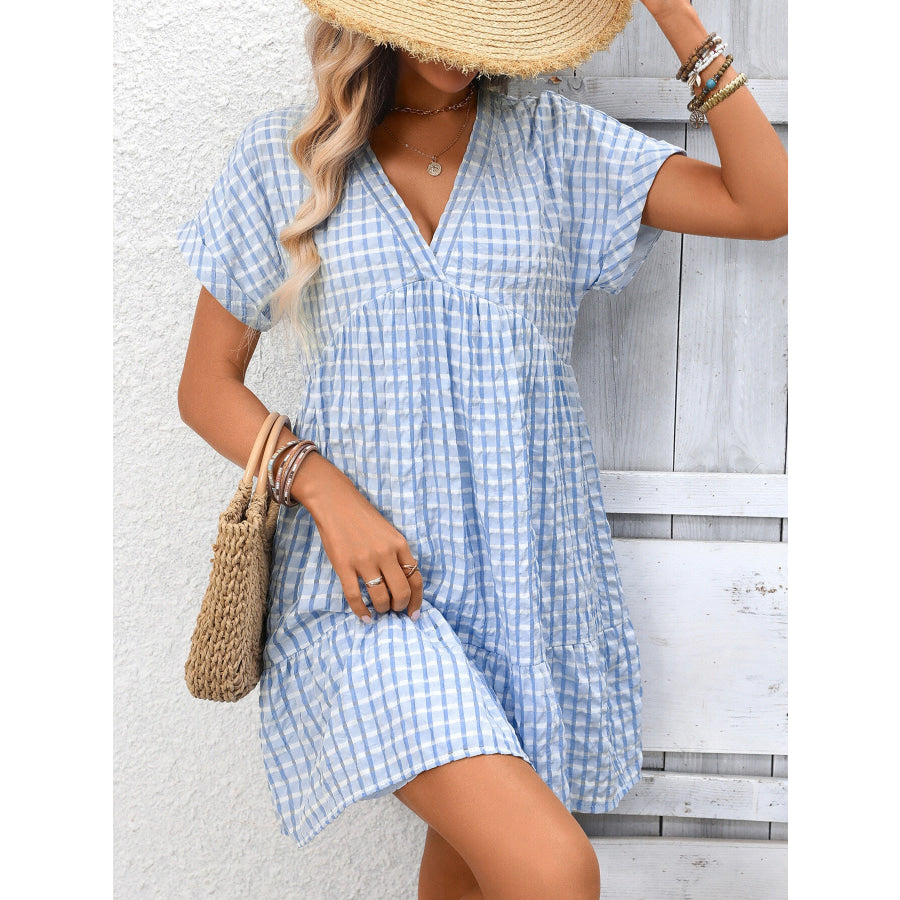 Plaid V-Neck Ruffle Hem Mini Dress Apparel and Accessories