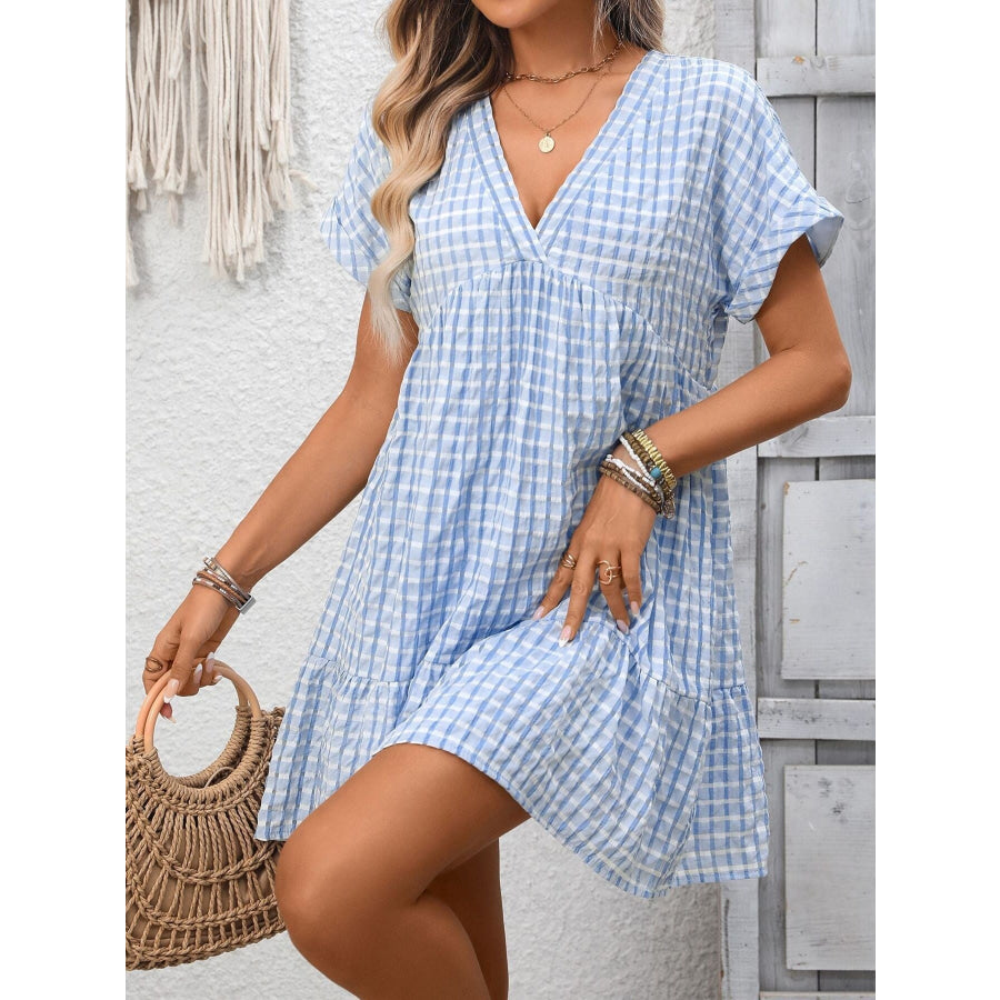 Plaid V-Neck Ruffle Hem Mini Dress Apparel and Accessories