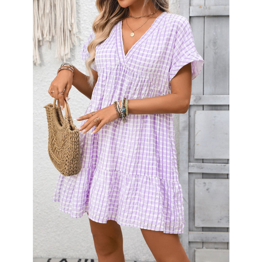Plaid V-Neck Ruffle Hem Mini Dress Apparel and Accessories