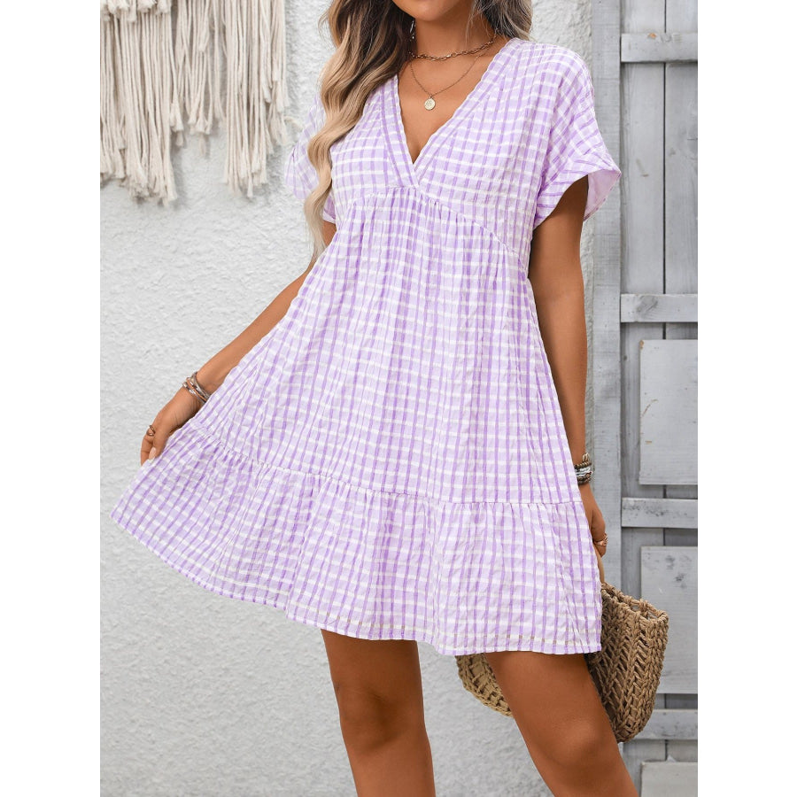 Plaid V-Neck Ruffle Hem Mini Dress Apparel and Accessories