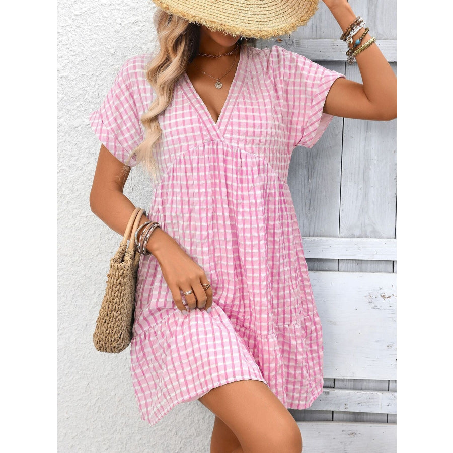 Plaid V-Neck Ruffle Hem Mini Dress Apparel and Accessories