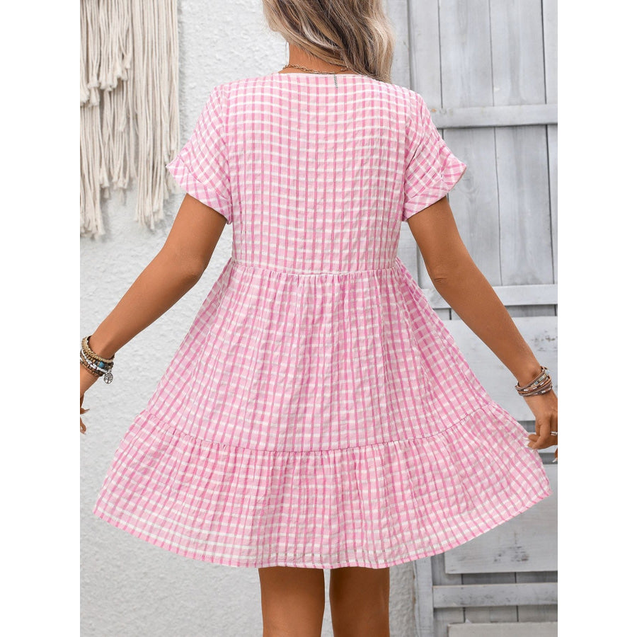 Plaid V-Neck Ruffle Hem Mini Dress Apparel and Accessories