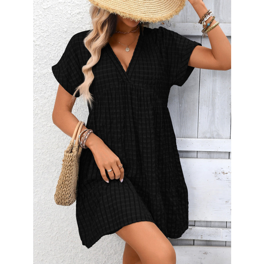 Plaid V-Neck Ruffle Hem Mini Dress Black / S Apparel and Accessories