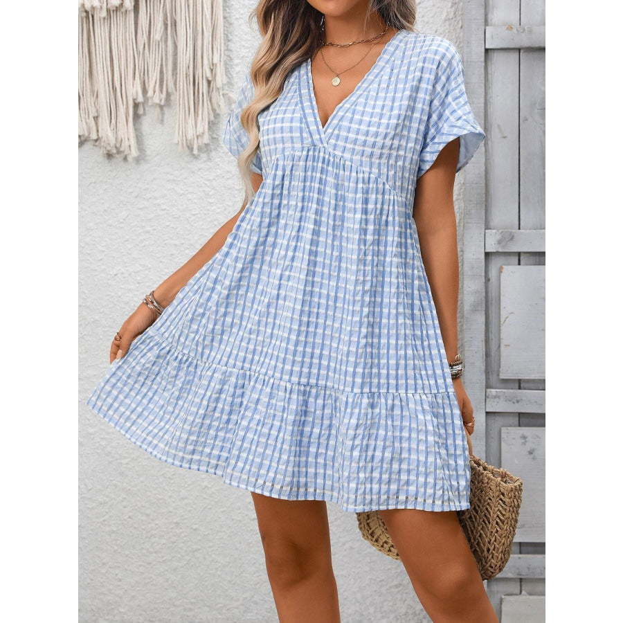 Plaid V-Neck Ruffle Hem Mini Dress Light Blue / S Apparel and Accessories