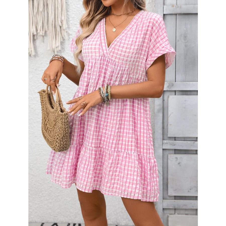 Plaid V-Neck Ruffle Hem Mini Dress Pink / S Apparel and Accessories