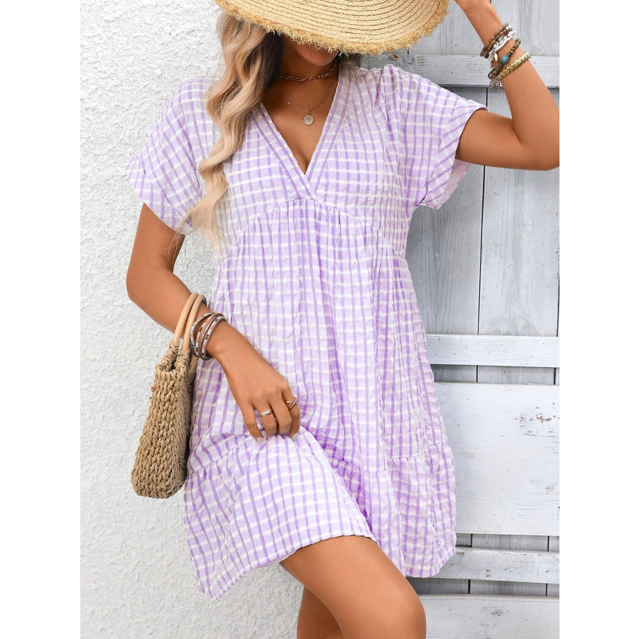 Plaid V-Neck Ruffle Hem Mini Dress Purple / S Apparel and Accessories
