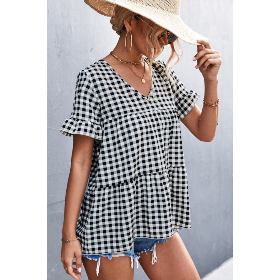 Plaid V - Neck Short Sleeve Blouse Apparel and Accessories