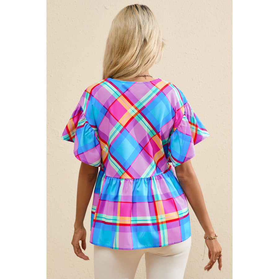 Plaid V-Neck Short Sleeve Blouse Apparel and Accessories