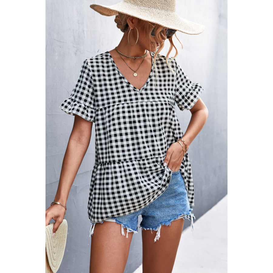 Plaid V - Neck Short Sleeve Blouse Apparel and Accessories