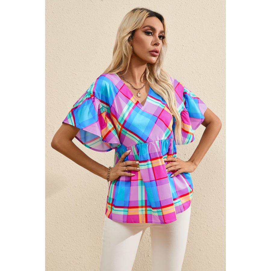 Plaid V-Neck Short Sleeve Blouse Apparel and Accessories