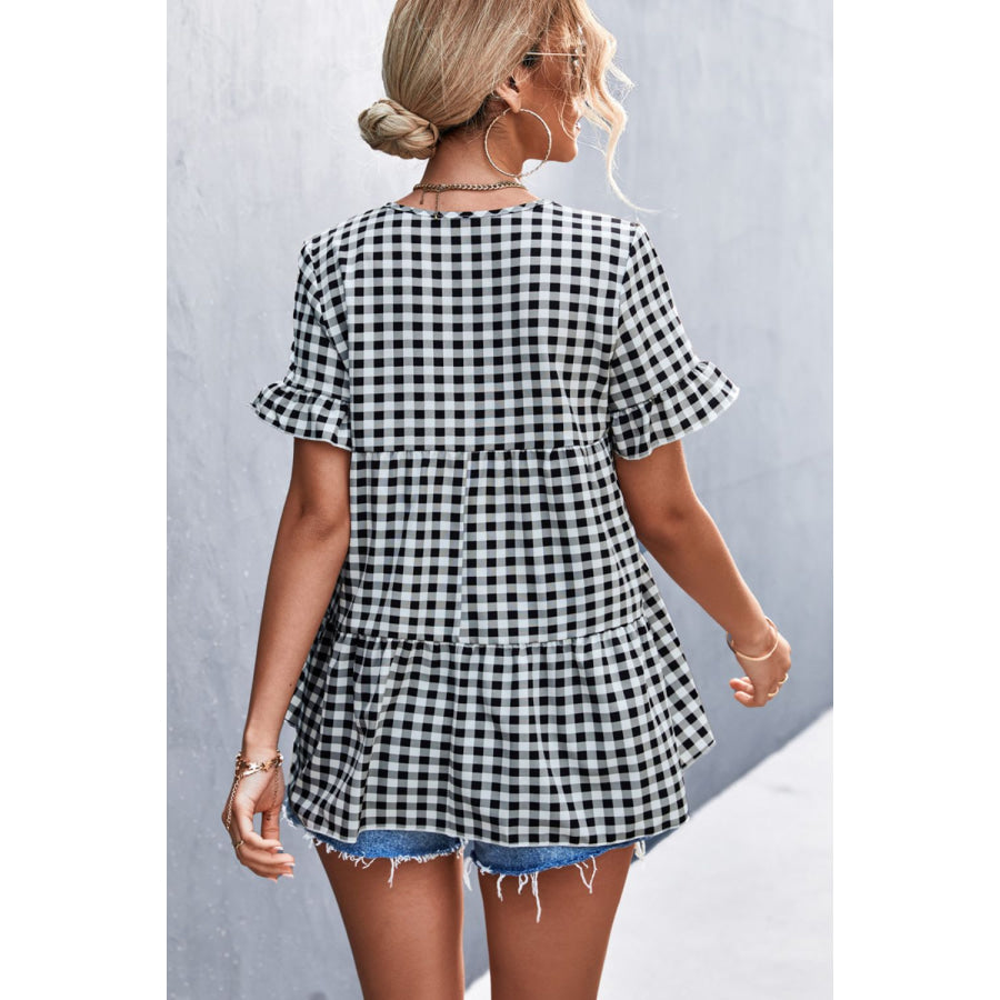 Plaid V - Neck Short Sleeve Blouse Apparel and Accessories