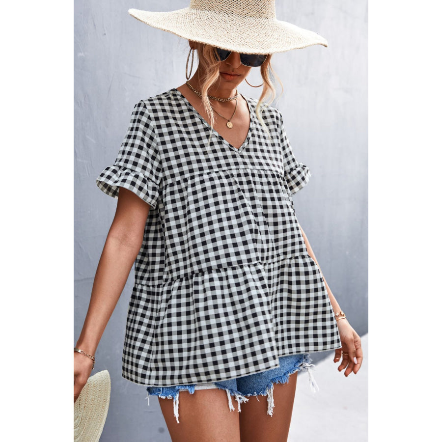 Plaid V - Neck Short Sleeve Blouse Black / S Apparel and Accessories