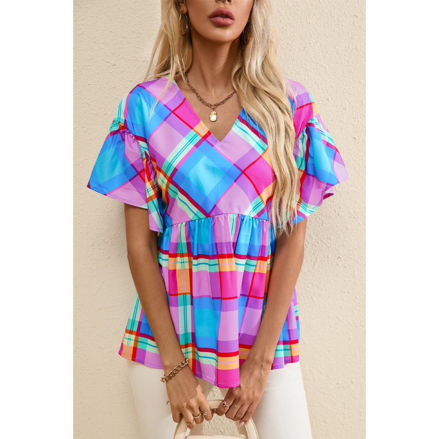 Plaid V-Neck Short Sleeve Blouse Multicolor / S Apparel and Accessories