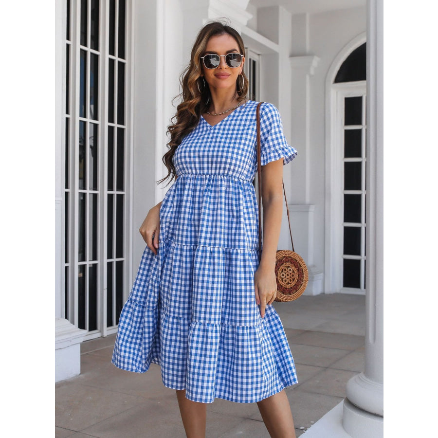 Plaid V-Neck Short Sleeve Midi Dress Apparel and Accessories