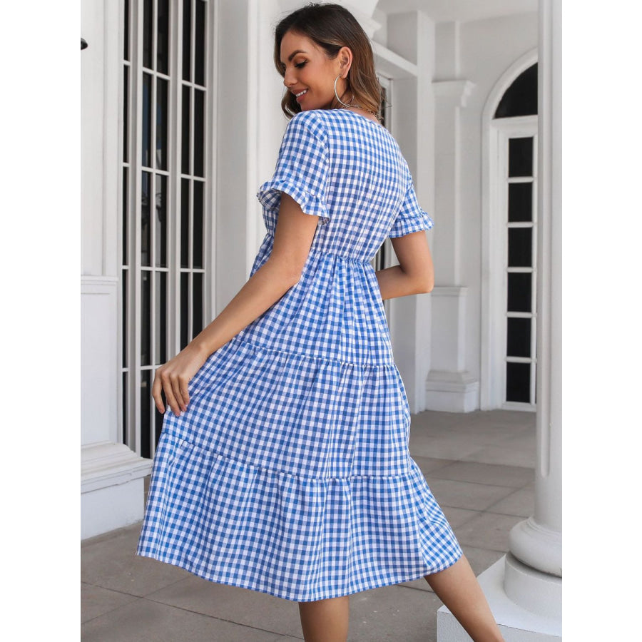 Plaid V-Neck Short Sleeve Midi Dress Apparel and Accessories