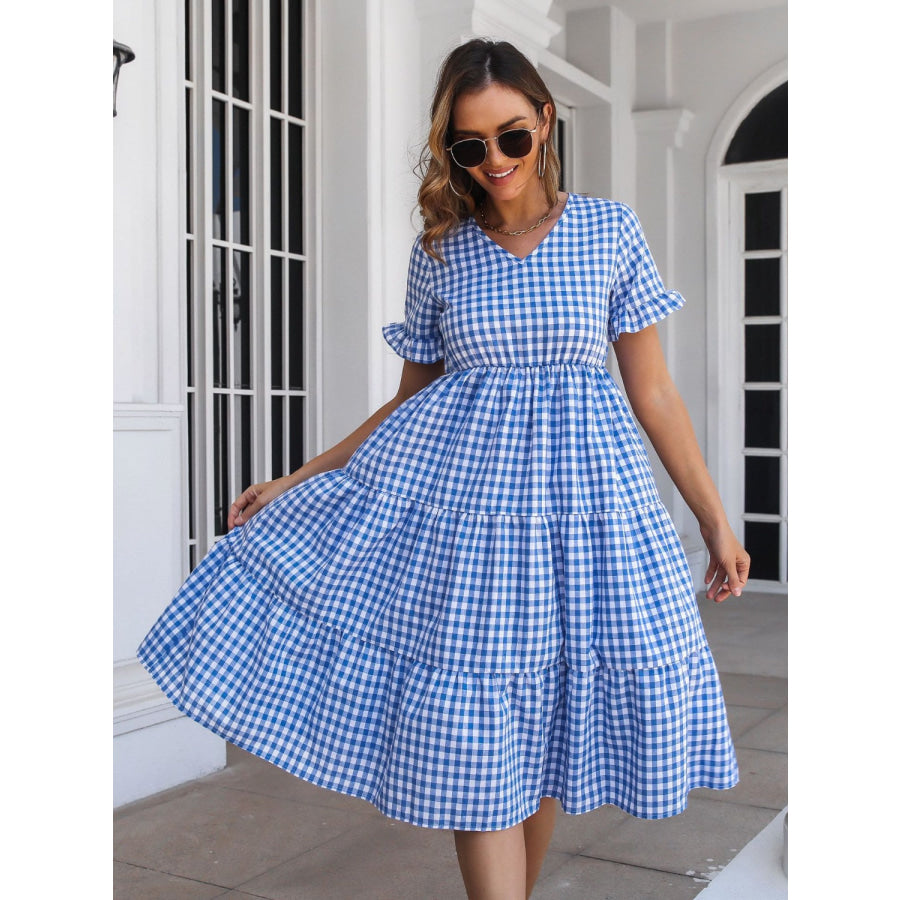 Plaid V-Neck Short Sleeve Midi Dress Apparel and Accessories