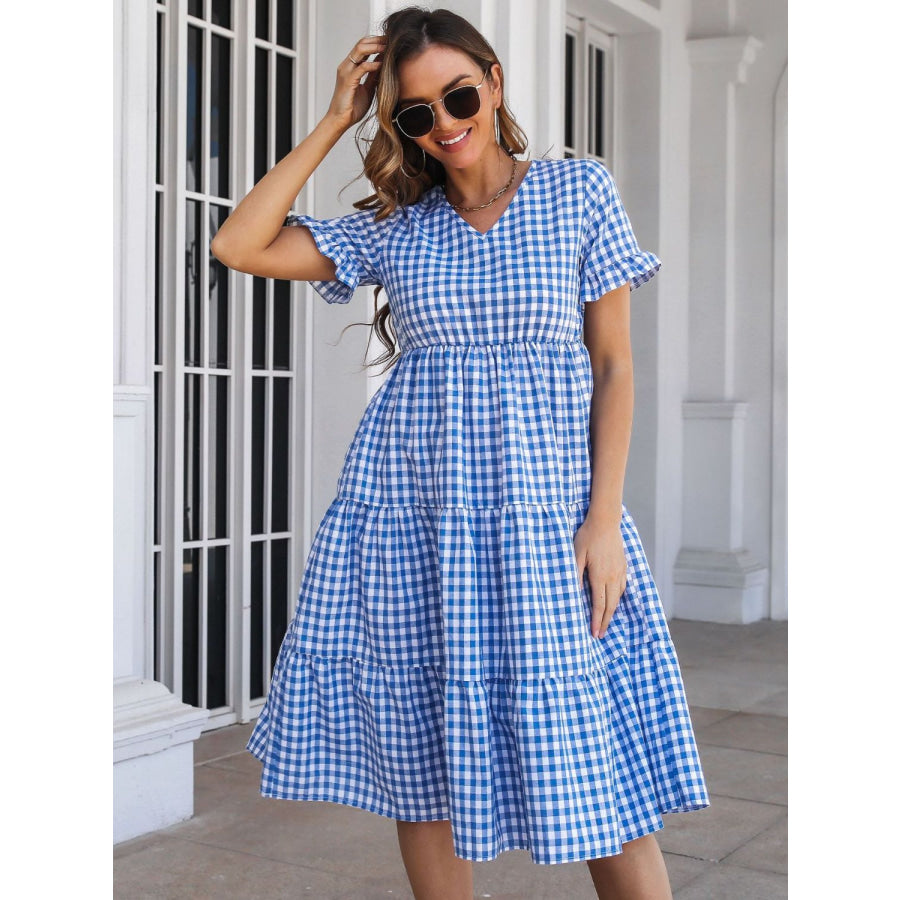 Plaid V-Neck Short Sleeve Midi Dress Apparel and Accessories