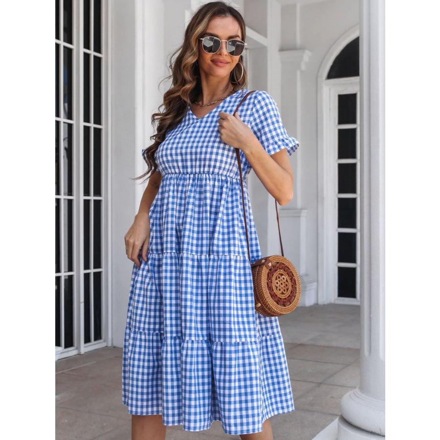 Plaid V-Neck Short Sleeve Midi Dress Apparel and Accessories